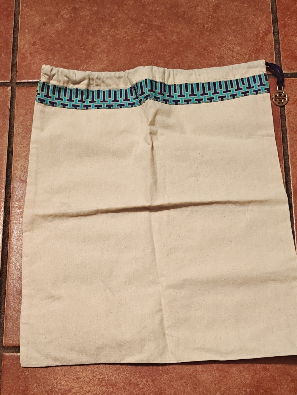 Tori Burch Canvas Drawstring Dust Bag with Teal Trim